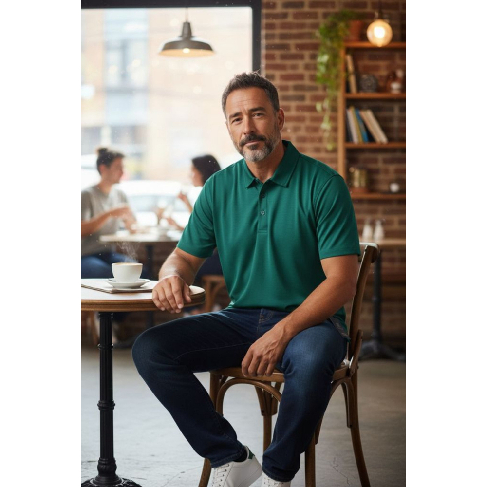 George Stretch Button Up Polo Shirt in Tropical Jade Heather Green